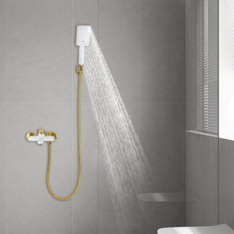 Badewannenarmatur mit Handbrause, Bademischbatterie für das Badezimmer, Brausegarnitur Gold+Weiß