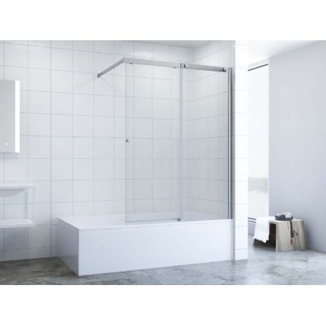 AQUALAVOS Badewannenaufsatz 110 x 150 cm Duschwand mit Schiebetür für Badewanne Einscheiben-Sicherheitsglas mit Nano, inkl. Stabilisator, links und rechts montierbar