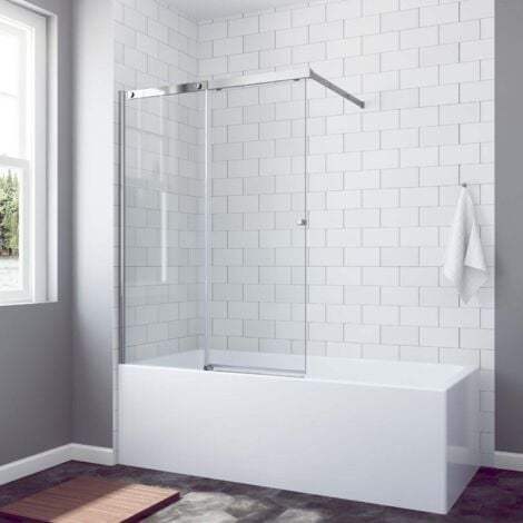 AQUALAVOS Badewannenaufsatz 110x150 cm Duschwand für Badewanne mit Schiebetür Sicherheitsglas Badewannenaufsatz Versteckte Gleitrollen, mit Stabilisator