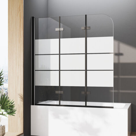Badewannenaufsatz 130x140cm Schwarz Duschwand für Badewanne Duschabtrennung Badewanne, Duschwand Badewanne 3-teilig Faltbar Badewannenaufsatz Duschtrennwand, 6mm ESG Glas mit Milchglas Streifen