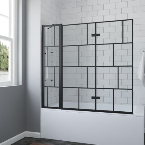 Badewannenaufsatz Schwarz matt Kariert 150 x 140 cm, Duschtrennwand für Badewanne Duschwand Faltwand Glas aus 5 mm ESG glas , mit Nano Beschichtung
