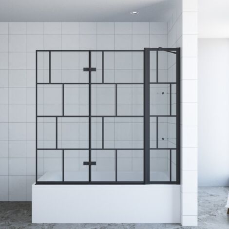 Badewannenfaltwand 150x140 cm Duschtrennwand für Badewanne Black Style Sicherheitsglas mit Nano Hebe- / Senkfunktion Faltbar und schwenkbar 180° mit Acryl- Duschablagelinks und rechts montierbar