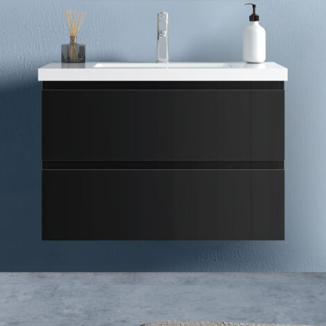 Badezimmer 80cm Waschtisch mit Unterschrank Badmöbel Set mit keramik-Waschbecken Unterschrank Schwarz Hochglanz