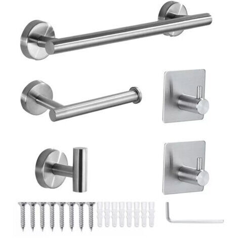 Badezimmer-Accessoire-Set, 5-teilig, Handtuchhalter, Toilettenpapierhalter, Klebehaken, multifunktionales Badezimmer-Set, silber