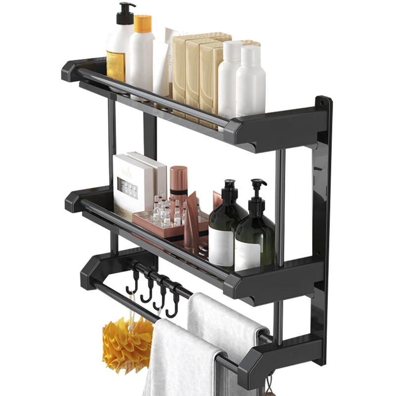 Badezimmer-Aufbewahrungsregal, wandmontierter Handtuchhalter aus Edelstahl für Toilette, Badezimmer, Küche, Hängezubehör, doppellagig, Schwarz, 50 cm