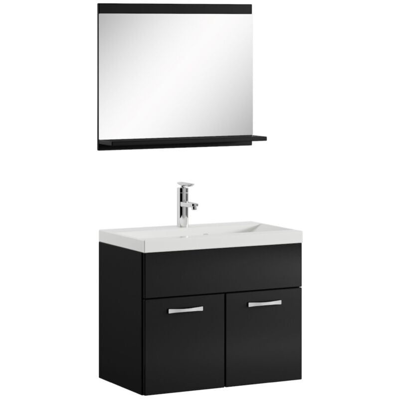 Badezimmer Badmöbel Set Montreal 02 60cm Waschbecken Hochglanz Schwarz Fronten - Unterschrank Waschtisch Spiegel Möbel