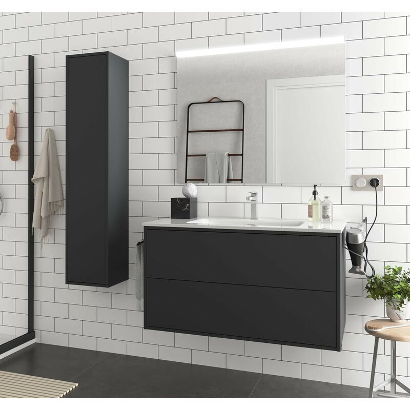 Badezimmer Badmöbel 100 cm Ulisse aus mattes Schwarz Holz mit Porzellan Waschtisch | 100 cm - Standard