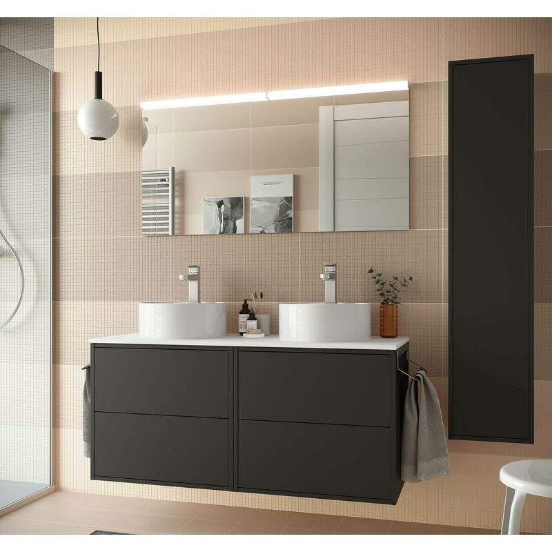Badezimmer Badmöbel 120 cm Ulisse aus Mattschwarz Holz mit doppel Aufsatzwaschtisch | 120 cm - mit Doppelspiegel und LED Lampe