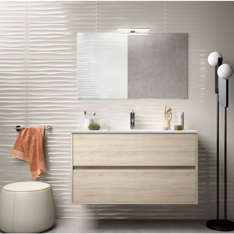 Badezimmer Badmöbel 100 cm aus braunem Holz Caledonia mit Porzellan Waschtisch | mit spiegel und LED Lampe