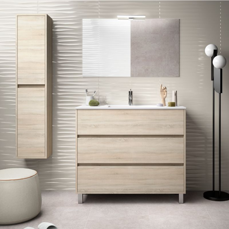 Badezimmer Badmöbel auf dem boden 100 cm aus braunem Holz Caledonia mit porzellan Waschtisch | mit spiegel und LED Lampe