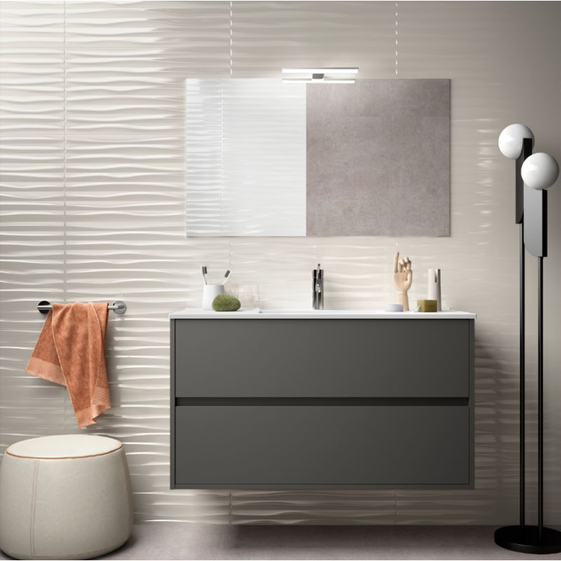Badezimmer Badmöbel 100 cm aus mattgrauem Holz mit Porzellan Waschtisch | mit spiegel und LED Lampe