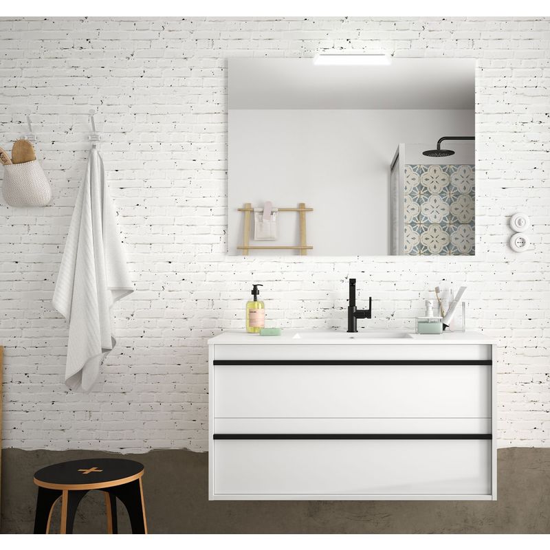Badezimmer Badmöbel 100 cm Nevada aus Glänzendes Weiß Holz mit Porzellan Waschtisch | 100 cm - mit spiegel und LED Lampe