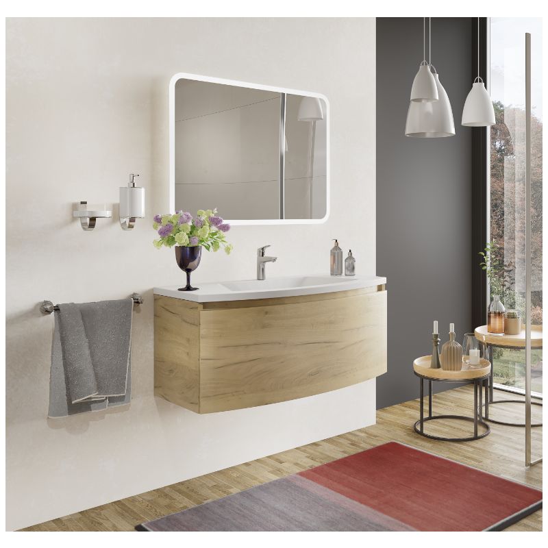 Badezimmer Badmöbel 100 cm Venere aus Eiche Gold Holz mit Keramik Waschtisch und Spiegel | Standard