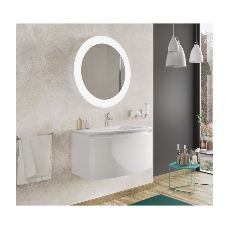 Badezimmer Badmöbel 100 cm Venere aus glänzend weiß Holz mit Keramik Waschtisch und Spiegel | Standard