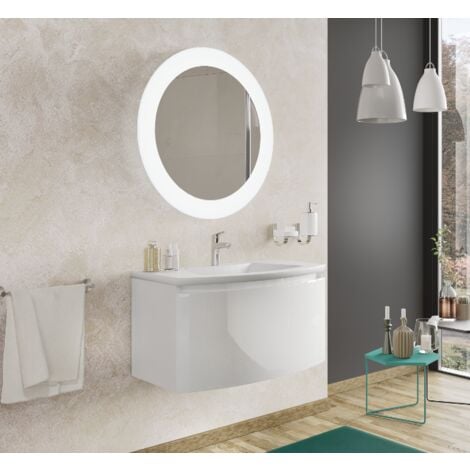 Badezimmer Badmöbel 100 cm Venere aus glänzend weiß Holz mit Keramik Waschtisch und Spiegel