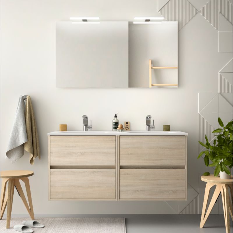 Badezimmer Badmöbel 120 cm aus braunem Holz Caledonia mit Porzellan Waschtisch | Mit Spiegel und doppelter LED-Lampe