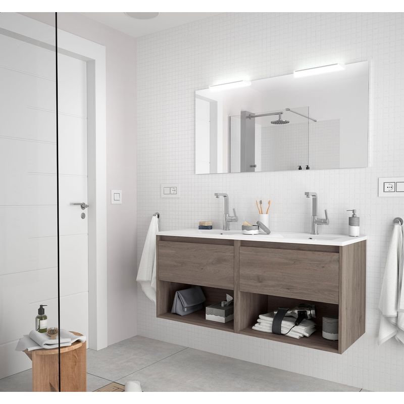 Badezimmer Badmöbel 120 cm aus Eiche eternity Holz mit zwei Schubladen und zwei Fächer | 120 cm - mit Doppelspiegel und LED Lampe