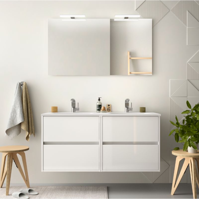 Badezimmer Badmöbel 120 cm aus glänzend weiß lackiertem Holz mit Porzellan Waschtisch | Mit Spiegel und doppelter LED-Lampe