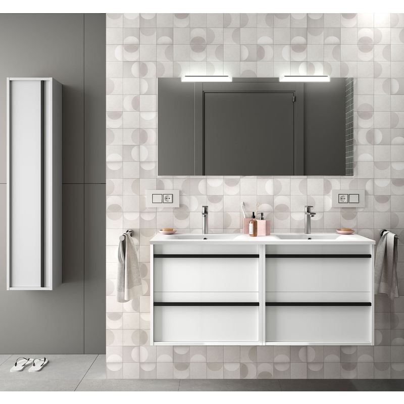 Badezimmer Badmöbel 120 cm aus glänzendes Weiß Holz mit vier Schubladen | 120 cm - mit Doppelspiegel und LED Lampe