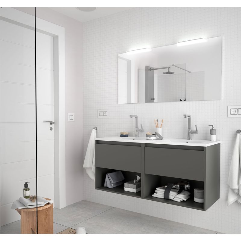 Badezimmer Badmöbel 120 cm aus mattgrau Holz mit zwei Schubladen und zwei Fächer | 120 cm - mit Doppelspiegel und LED Lampe