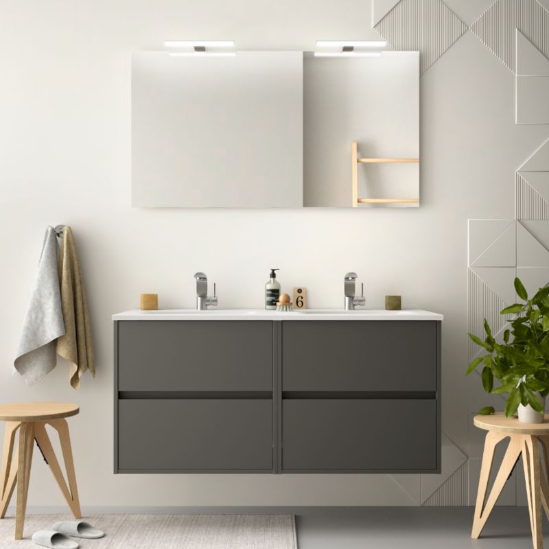 Badezimmer Badmöbel 120 cm aus mattgrauem Holz mit Porzellan Waschtisch | Mit Spiegel und doppelter LED-Lampe