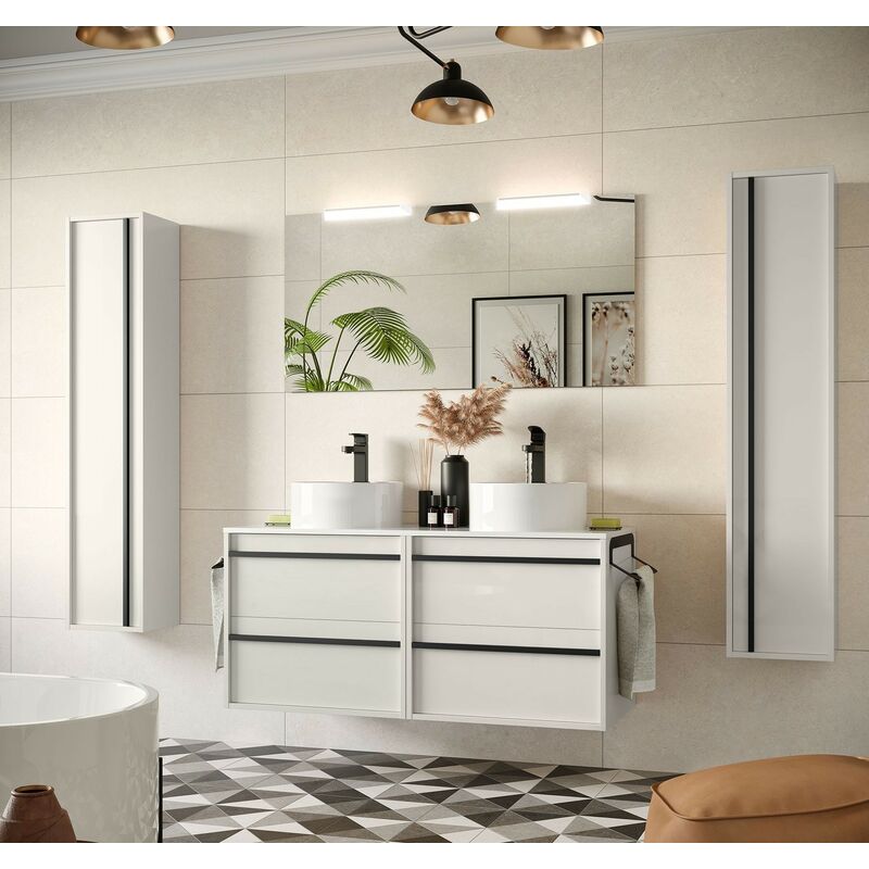 Badezimmer Badmöbel 120 cm Nevada aus Glänzend weiß Holz mit Doppelaufsatzwaschtisch | Standard - 120 cm