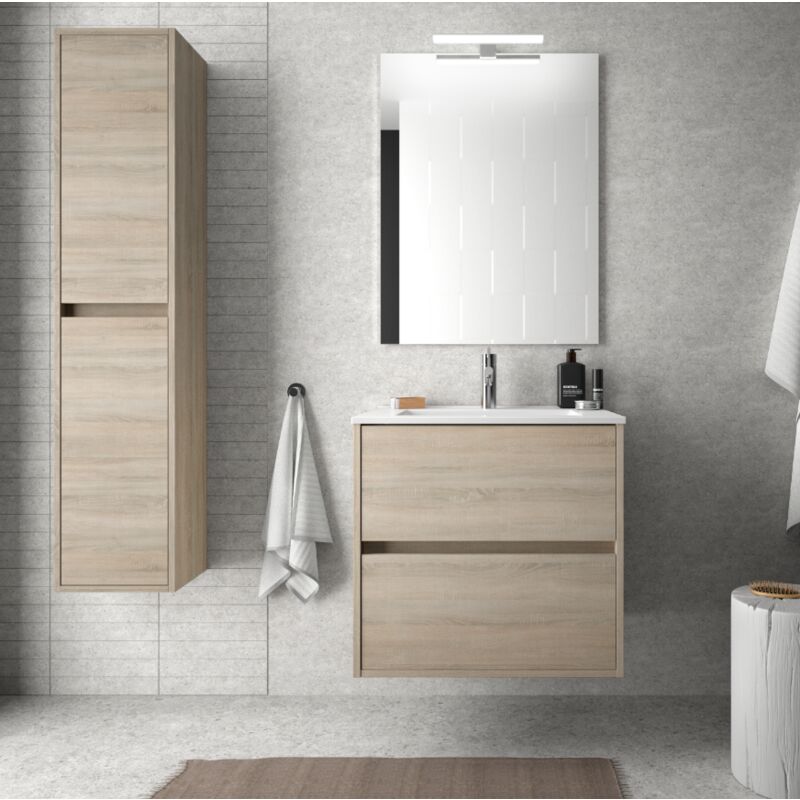 Badezimmer Badmöbel 60 cm aus braunem Holz Caledonia mit Porzellan Waschtisch | mit spiegel und LED Lampe