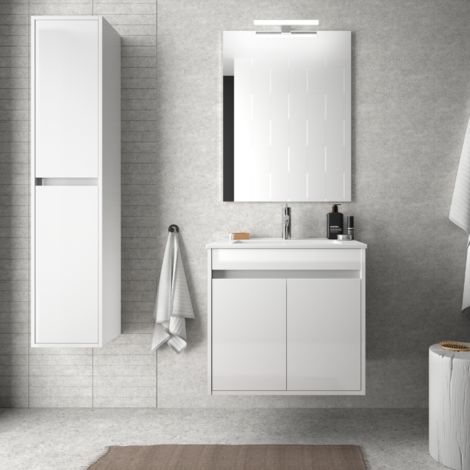 Badezimmer Badmöbel 60 cm aus glänzend weiß lackiertem Holz mit zwei Türen