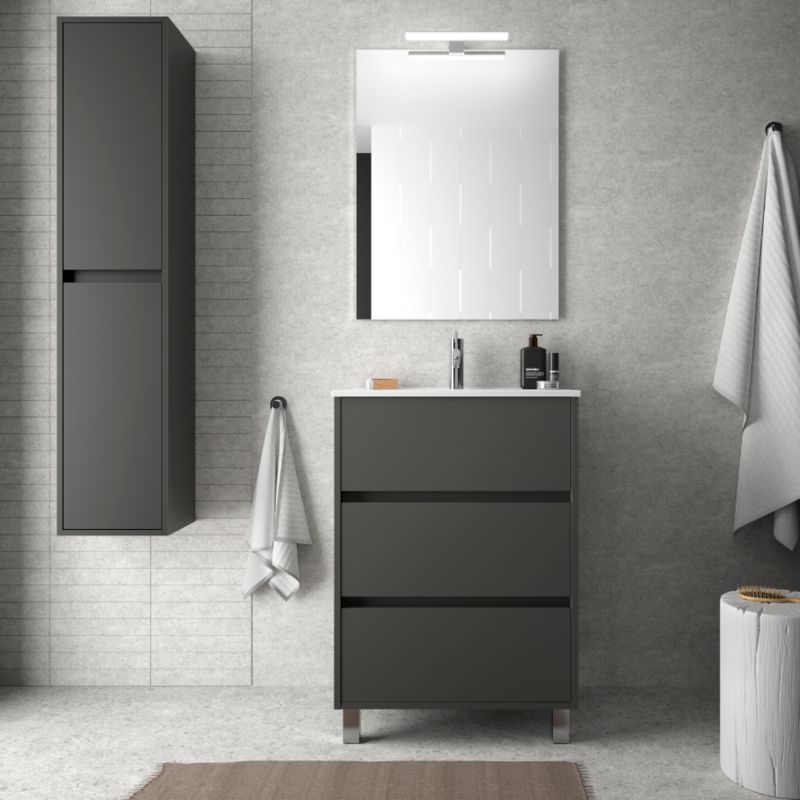 Badezimmer Badmöbel auf dem boden 60 cm aus mattgrauem Holz mit porzellan Waschtisch | mit spiegel und LED Lampe