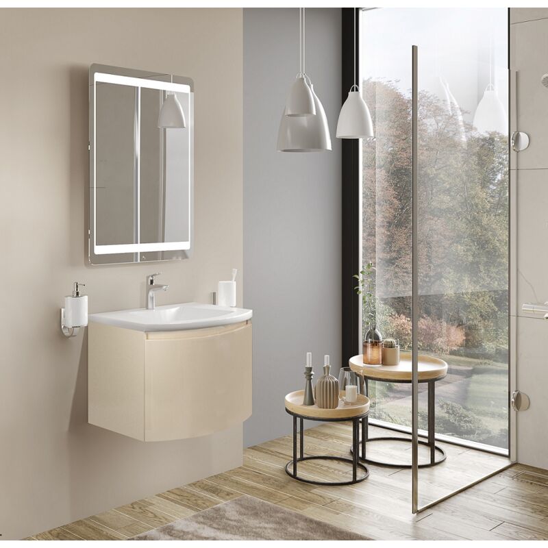 Badezimmer Badmöbel 60 cm Venere aus Creme Holz mit Keramik Waschtisch und Spiegel | 60 cm - Standard
