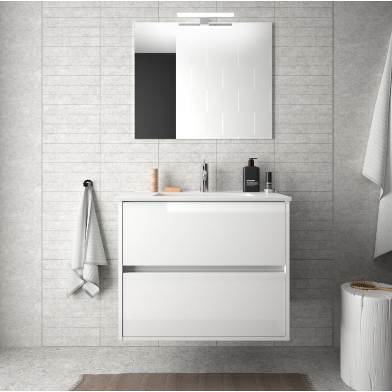 Badezimmer Badmöbel 70 cm aus glänzend weiß lackiertem Holz mit Porzellan Waschtisch | mit Kolonne