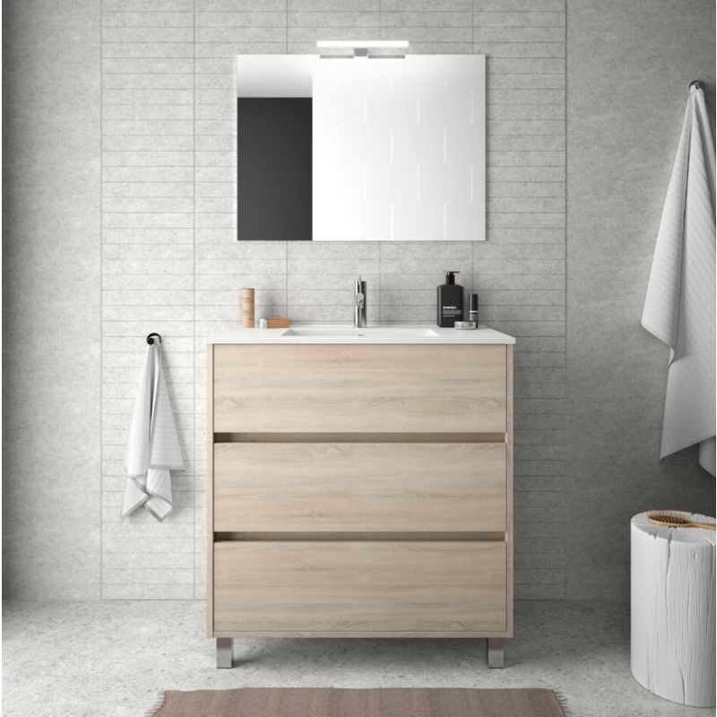 Badezimmer Badmöbel auf dem boden 80 cm aus braunem Holz Caledonia mit porzellan Waschtisch | mit spiegel und LED Lampe
