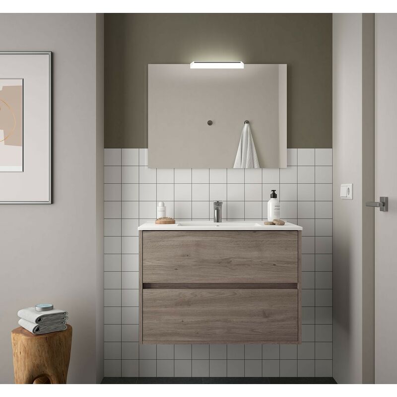 Badezimmer Badmöbel 80 cm aus Eiche eternity Holz mit Porzellan Waschtisch | 80 cm - Standard