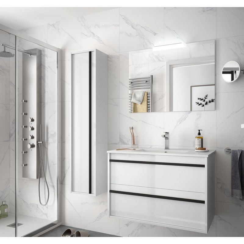 Badezimmer Badmöbel 80 cm Nevada aus Glänzendes Weiß Holz mit Porzellan Waschtisch | 80 cm - mit spiegel und LED Lampe