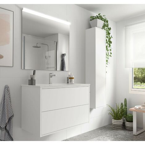 Badezimmer Badmöbel 80 cm Ulisse aus Mattweiß Holz mit Porzellan Waschtisch | 80 cm - Mit Doppelsäule, Spiegel und Led-Lampe