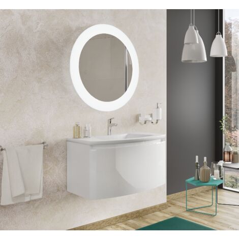 Badezimmer Badmöbel 80 cm Venere aus glänzend weiß Holz mit Keramik Waschtisch und Spiegel