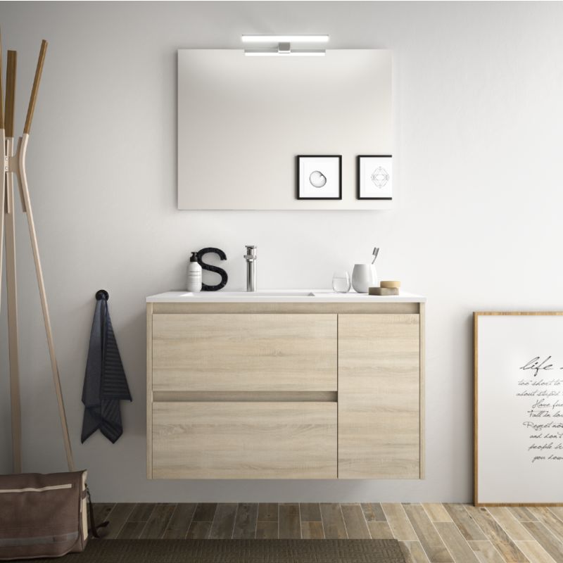 Badezimmer Badmöbel 85 cm aus Caledonia braun mit Porzellan Waschtisch | mit spiegel und LED Lampe