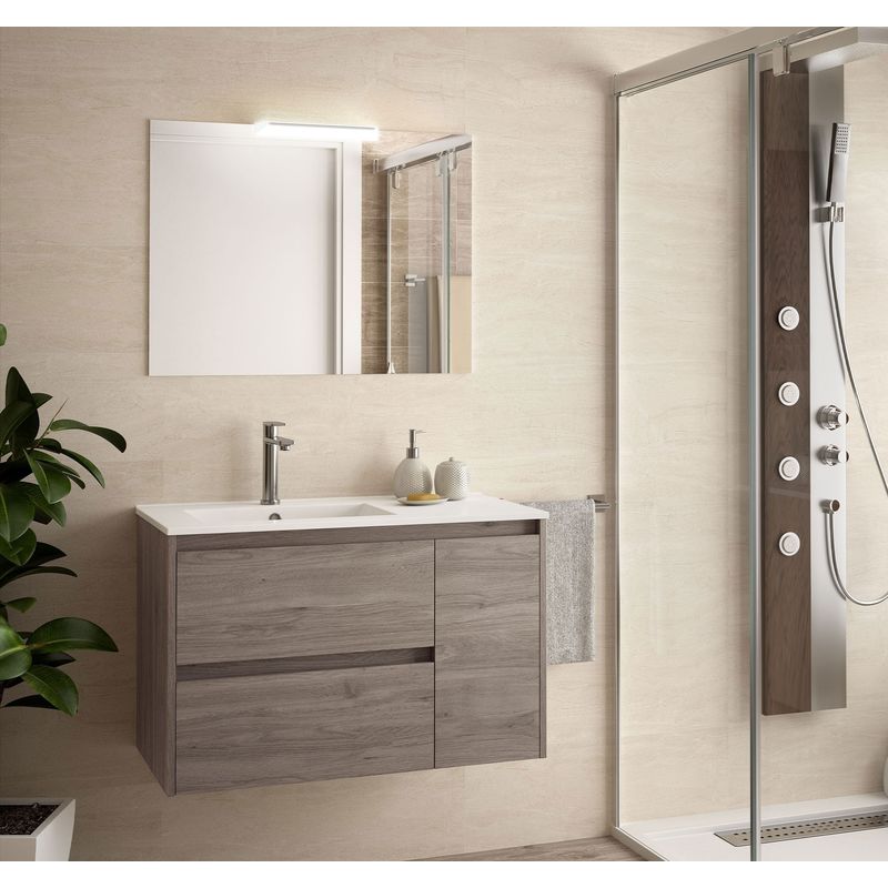 Badezimmer Badmöbel 85 cm aus Eiche eternity Holz mit Porzellan Waschtisch | mit spiegel und LED Lampe - 85 cm
