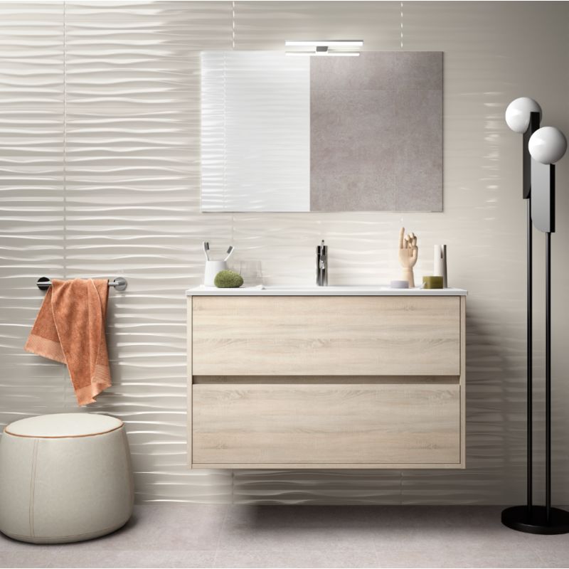 Badezimmer Badmöbel 90 cm aus braunem Holz Caledonia mit Porzellan Waschtisch | mit spiegel und LED Lampe