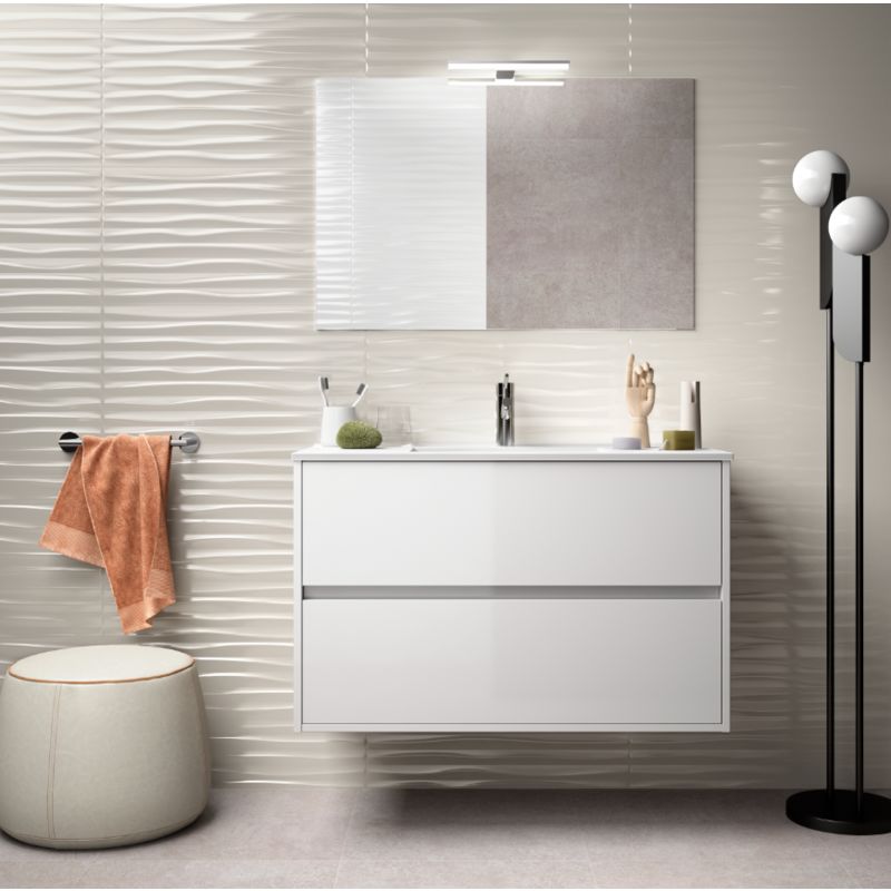 Badezimmer Badmöbel 90 cm aus glänzend weiß lackiertem Holz mit Porzellan Waschtisch | mit Kolonne, Spiegel und LED Lampe