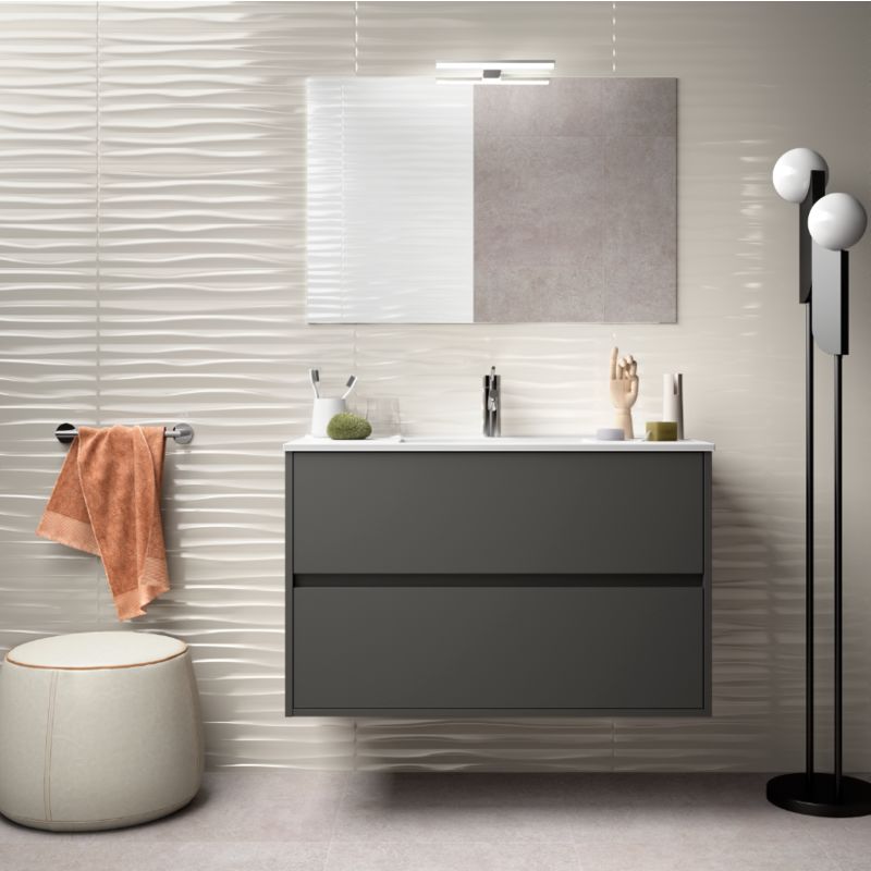 Badezimmer Badmöbel 90 cm aus mattgrauem Holz mit Porzellan Waschtisch | mit Kolonne, Spiegel und LED Lampe
