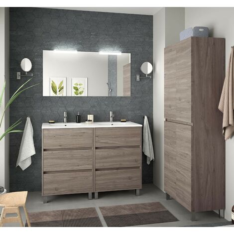 Badezimmer Badmöbel auf dem boden 65 cm Ambra aus Eiche dunkel Holz mit  Waschtisch und Spiegel mit Led-Lampe dunkle Eiche - mit spiegel und LED  Lampe - 65 cm