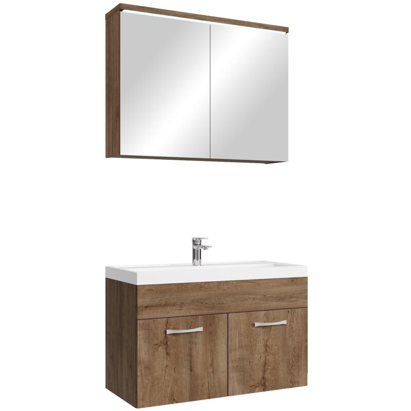 Badezimmer Badmöbel Set Paso 02 80cm Waschbecken Lefkas (Braun
