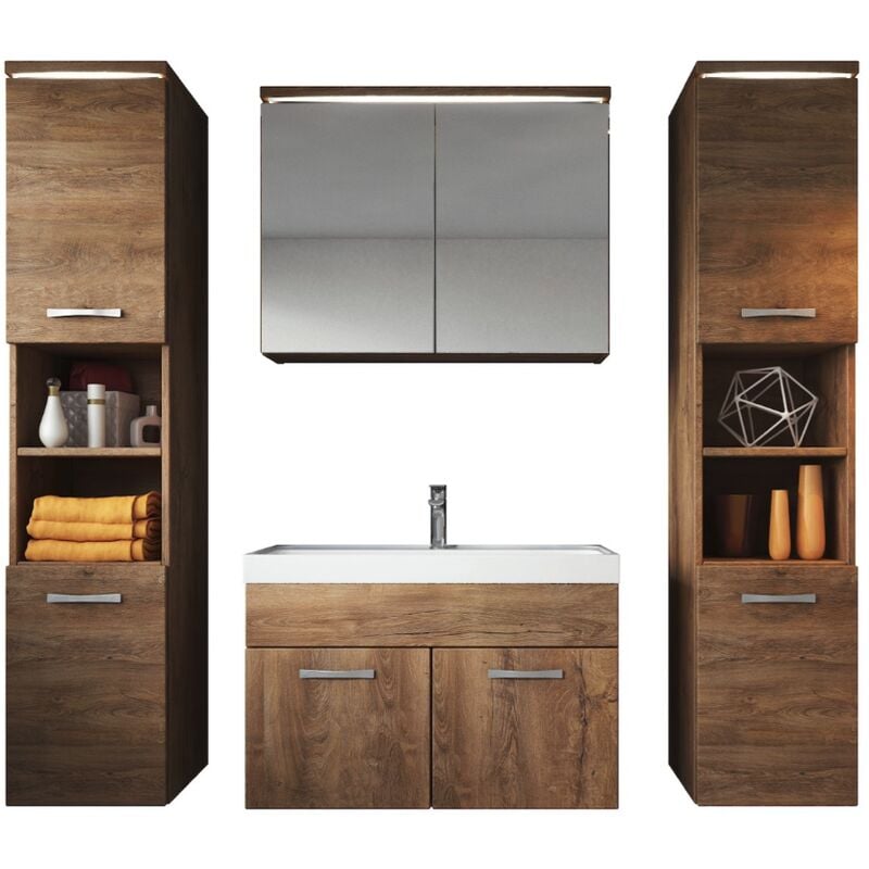 Badezimmer Badmöbel Set Paso xl LED 80cm Lefkas (braun) - Unterschrank 2x Hochschrank Waschbecken Möbel