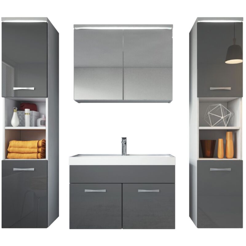 Badezimmer Badmöbel Set Paso xl LED 80cm Waschbecken Hochglanz Grau