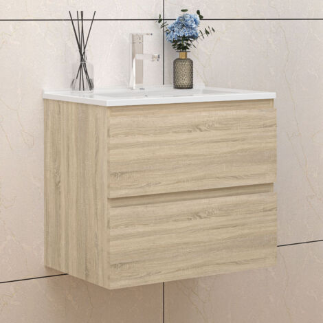 Badezimmer Badmöbel-Set 60cm Unterschrank mit keramik dünn waschtisch 2 Schubladen Eiche Matt soft close Selbstmontierter