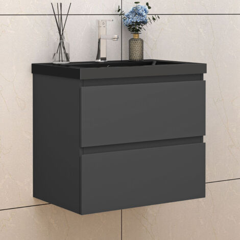 Badezimmer Badmöbel-Set 60cm Unterschrank mit Schwarz Mineralguss waschtisch 2 Schubladen Anthrazit Matt soft close Selbstmontierter