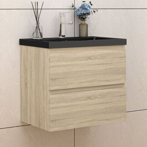 Badezimmer Badmöbel-Set 60cm Unterschrank mit Schwarz Mineralguss waschtisch 2 Schubladen Eiche Matt soft close Selbstmontierter