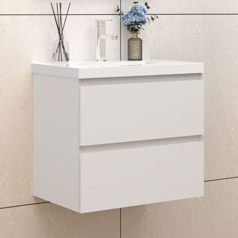 Badezimmer Badmöbel-Set 60cm Unterschrank mit Weiß Mineralguss waschtisch 2 Schubladen Weiß Matt soft close Selbstmontierter
