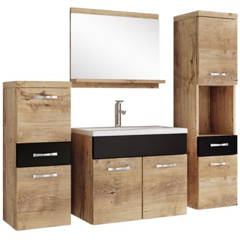 Badezimmer Badmöbel-Set Alba 60cm Waschbecken Kastanien Eiche mi